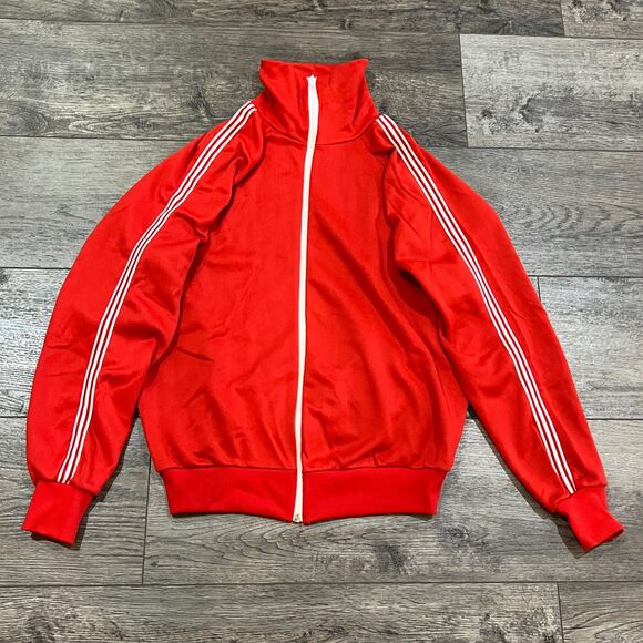 Vintage 70s Full Zip Red 3 Stripes Poly/Cotton Track Jacket Made in USA Large - Picture 1 of 6